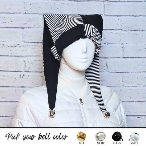 "All orders ship within two weeks. Jester / harlequin hat in solid black and black/white stripe pattern.  Jingle bells on the ends - pick your color. Hat is about 23 inches long from brim to ends. Made from 100% cotton, so it's lightweight and cool. Machine washable (though you may want to remove the bells first). Small fits head sizes 18\" to 20\". Medium fits head sizes 21\" to 24\". Large fits head sizes 25\" to 26\". The solid portion of this hat can be made in other colors as well!  Feel free to ask about your favorites!" Women Jester Costume, Clown Hat Pattern, Jester Hat Pattern Sewing, Diy Jester Costume, Clown Aesthetic Outfit, Jester Hat Pattern, Jesters Hat, Clown Hats, Jester Outfit