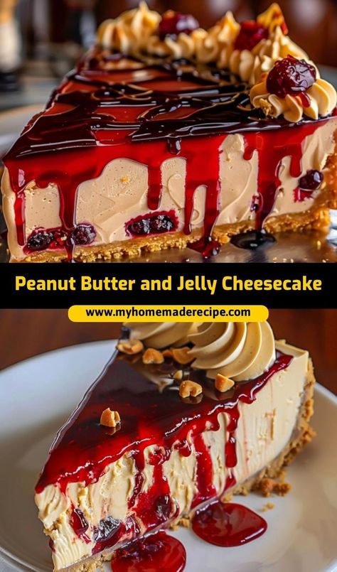 This peanut butter and jelly cheesecake is the best cheesecake for PB&J lovers. Creamy, rich, and filled with classic flavors, it’s the ultimate cheesecake for a fun twist on a favorite Peanut Butter And Jelly Cheesecake, Peanut Butter Jelly Recipes, Ultimate Cheesecake, Jelly Cheesecake, Chocolate Chip Banana Bread Recipe, Cheesecake Frosting, The Best Cheesecake, Chocolate Chip Cheesecake, Strawberry Topping