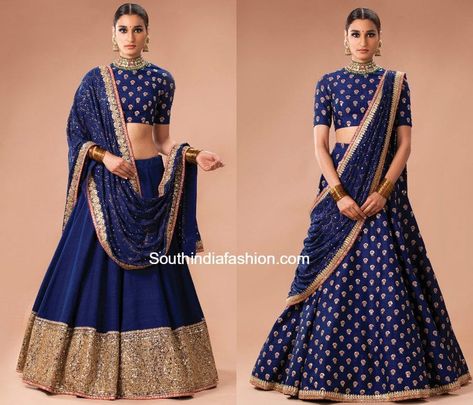 Crop Top Wedding Dress Indian, Blue Bridal Lehenga, Lehenga Saree Design, Half Saree Lehenga, Indian Outfits Lehenga, Lehnga Dress, Bridal Lehenga Collection, Blue Lehenga, Half Saree Designs