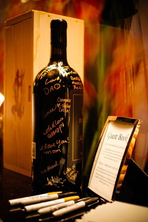 I like this idea of having guests sign bottles the couple can open on special occasions and anniversaries Wine Facts, October 5th, Waldorf Astoria, Luxe Wedding, Wine Wedding, Guest Book Alternatives, Ideal Wedding, Wedding In The Woods, Wedding Inspirations