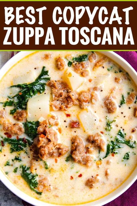 The BEST copycat zuppa toscana soup, made with spicy crumbled sausage, silky potatoes, and an ultra creamy broth.  Bacon and kale put the finishing touch on this Olive Garden copycat recipe! #soup #souprecipe #copycat #zuppatoscana #olivegarden #slowcooker #crockpot #instantpot #pressurecooker #easyrecipe #weeknightmeal Copycat Zuppa, Zuppa Toscana Soup Olive Garden, Copycat Zuppa Toscana, Kingdom Fanart, Sausage And Kale Soup, Olive Garden Copycat, Zuppa Toscana Soup, Toscana Soup, Recipe Soup