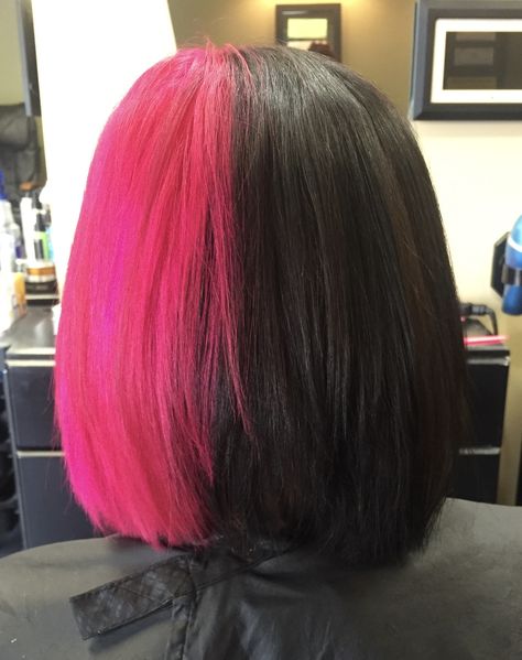 Two tone half and half black and pink hair Half Colored Hair, Split Dye Hair, Lux Hair, Half And Half Hair, Split Dye, Pink And Black Hair, Side Bun Hairstyles, Lace Front Bob, Split Dyed Hair