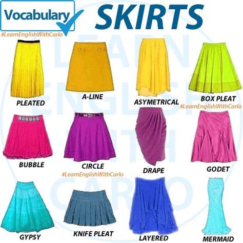 Learn English with Carlo on Instagram: “VOCABULARY - Skirts  There are many different kinds of skirts. I wasn't aware of most of them. Here's a slide of some of the more common…”