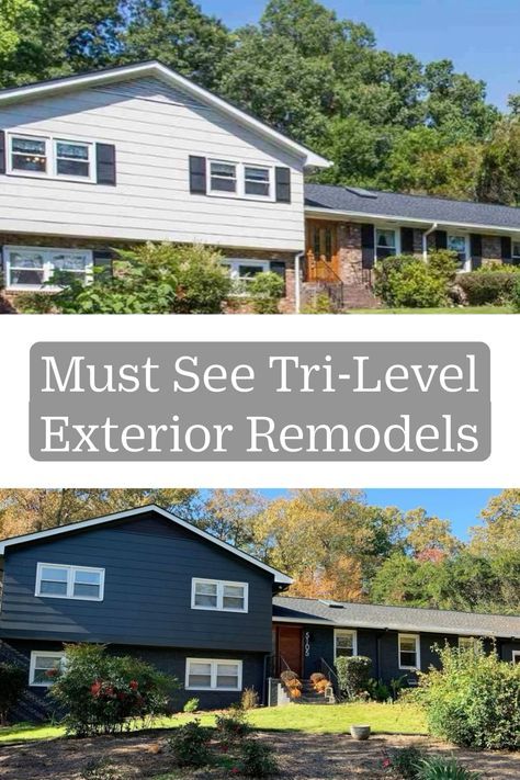 If you’re looking for ideas for how to remodel the exterior od your tri-level house, check out these beautifully updated split-level exterior remodels. And if you’re looking for more inspiration, take a look at our other posts in our split-level homes series. Exterior Split Level Remodel Curb Appeal, Add Garage To Split Level, Remodeled Tri Level Homes, Portico On Split Level Home, Exterior House Design Split Level, Split Level Before And After Exterior, Board And Batten Split Level Exterior, Tri Level House Exterior Curb Appeal, Split Level Modern Exterior