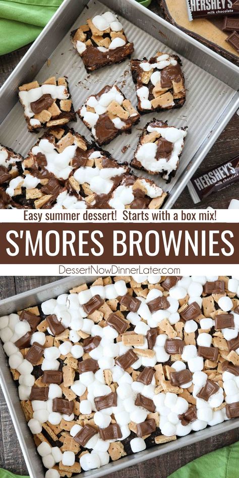 S'mores Brownies takes your favorite boxed mix up a notch with graham crackers, mini marshmallows, and Hershey's chocolate bar pieces. Easy to make and loved by all! S’mores Boxed Brownies, Brownie Smores Bars, Dessert Recipes With Brownies, Desert For Crowd, S'mores Brownies Recipe, Easy Smores Brownies, Smore Brownies With Box Brownies, Smores Bars Easy, S’mores Brownies Easy