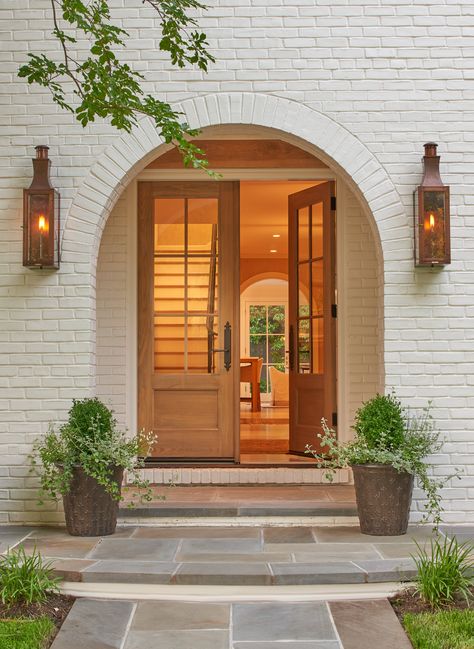 Exterior detail of arched entry  American  Architectural Details  TraditionalNeoclassical  Portico  Entryway  Architectural Detail by Thomson & Cooke Architects Modern Porch, Beautiful Front Doors, Wood Front Doors, Door Inspiration, Living Modern, Front Entrance, Front Door Design, White Brick, Painted Brick