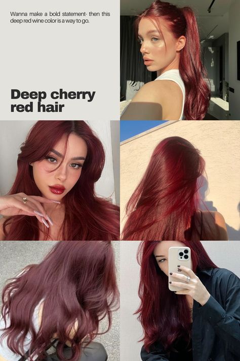 Hair color for spring, Cherry red hair, Red wine hair, Cherri bomb #HairColor #RedHair #2024Hair Cherry Red Hair Styles, Sangria Red Hair, Cherry Red Hair Outfits, Red Cherry Hair Color, Cherry Color Hair, Cherry Red Bob, Deep Wine Hair Color, Outfits For Red Hair, Cherry Wine Hair