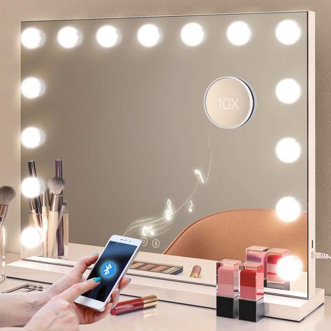 PRICES MAY VARY. [Bluetooth Hollywood Mirror]: This makeup mirror can be compatible with any Bluetooth device, you can listen to your favorite music, answer calls through the device, and meet all your dressing and makeup needs [Upgraded Adjustable Brightness] It is easy to operate with intelligent touchscreen, Middle button for turning on/off.Dimmable touch control,Press and hold ☼ to adjust the brightness. NOTE: The LED bulb is embedded and cannot be adjusted or replaced. [Upgraded 3 colors of Mirror For Desk, Lights Around Mirror, Tabletop Mirror, Hollywood Lights, Lighted Makeup Mirror, Vanity Mirror With Lights, Hollywood Mirror, Mirror Metal, Desk Mirror