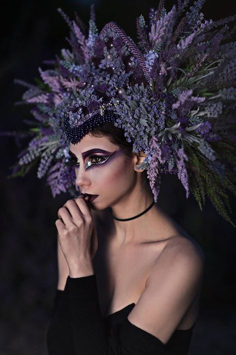 Photographer: Emily Nicole Teague Photography Model: Trish Davis MUA: Mckenzie Gregg MUA Headdress: Miss G Designs Lighting Assistant: Mark Gaynor Makeup Purple, Floral Headdress, Creepy Halloween Makeup, Flower Headdress, Midsummer Nights Dream, Floral Headpiece, Thierry Mugler, Fairy Costume, Fantasy Makeup