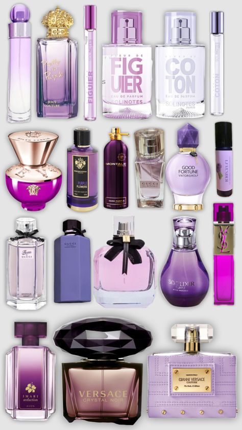 Purple perfume Lilac Perfume Aesthetic, Grape Perfume, Purple Girly Things, Plum Perfume, Hollister Perfume, Purple Perfume Bottle, Midnight Perfume, Purple Perfume, Perfume Collection Display