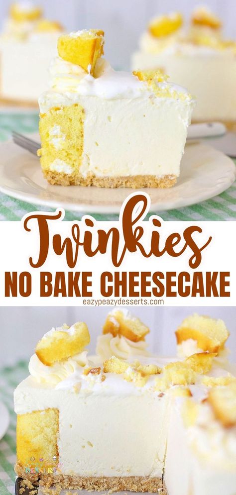 EASY NO BAKE CHEESECAKE WITH TWINKIES - Everybody loves an easy no bake cheesecake! Add Twinkie and vanilla wafers and you’ve got yourself a favorite, everyone will be asking for again and again! Twinkie Desserts, No Bake Vanilla Cheesecake, Easy No Bake Cheesecake, Yummy Desserts Easy, Healthy Cake Recipes, Strawberry Cake Recipes, Easy No Bake, Bake Cheesecake, Homemade Cake Recipes