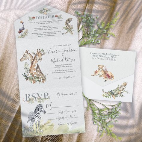 Elegant Tropical Jungle Wedding invitations with exotic watercolor ferns, flowers ad animals against a light faux textured background. Features giraffes, zebra, lion, elephant, leopard or cheetah. These all in one invitations that come with, details info and a RSVP postcard that your guests tear off and and send. Envelopes are not needed.  Wonderful for an exotic Jungle, Zoo, Safari wedding. Giraffe Wedding, Tropical Safari, Jungle Wedding, Safari Wedding, Letter Folding, Zoo Wedding, Safari Jungle, Rsvp Postcard, Invitation Sizes