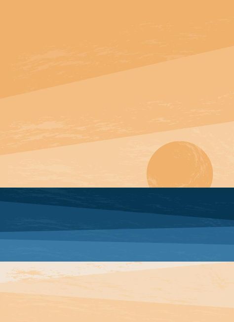 Sunset and sunrise at sea. Water surface sandy beach. Ocean abstract stylish background with tropical coastline. Blue water and sky of different shades. Sea Graphic Design, Senior Events, Sunrise Graphic, Brand Theme, Stylish Background, Graphical Design, Sea Sunrise, Vector Landscape, Harry Potter Painting