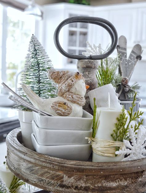 Dining Delight: Winter Tiered Tray Decor Winter Tiered Tray Ideas, Decorating After Christmas, Winter Tray, Winter Farmhouse Decor, Ice Skate Ornaments, Christmas Centrepieces, Winter Tiered Tray Decor, Faux Candles, Christmas Tiered Tray