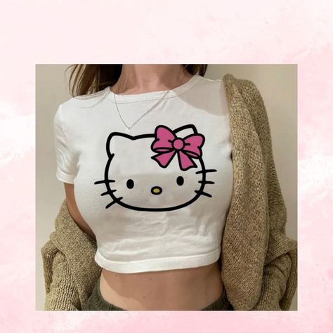 Tshirt Crop, Tshirt Crop Top, Hello Kitty T Shirt, Y2k Hello Kitty, Kawaii T Shirt, Sporty Crop Top, Beige Crop Tops, Cropped Tee Shirt, Hello Kitty Cartoon