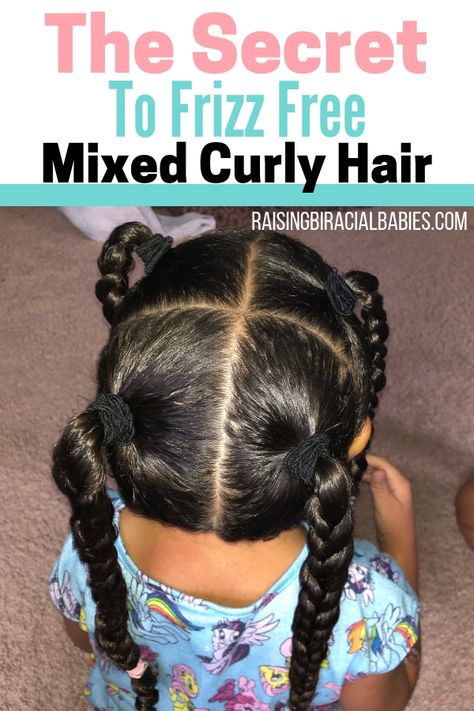 You may think it's impossible to have frizz-free biracial curly hair. But you can get rid of frizzy mixed hair! Here's the secret to get beautifully smooth mixed hair! #biracialhair #mixed #curlyhair #mixedgirl #haircare How To Care For Mixed Curly Hair, Protective Styles For Biracial Hair, Best Products For Mixed Curly Hair, Easy Mixed Hairstyles Kids, Mixed Race Hairstyles For Kids, Biracial Girls Hairstyles Kids, Mixed Curly Hair Braid Styles Kids, Biracial Curly Hairstyles, Biracial Girl Hairstyles