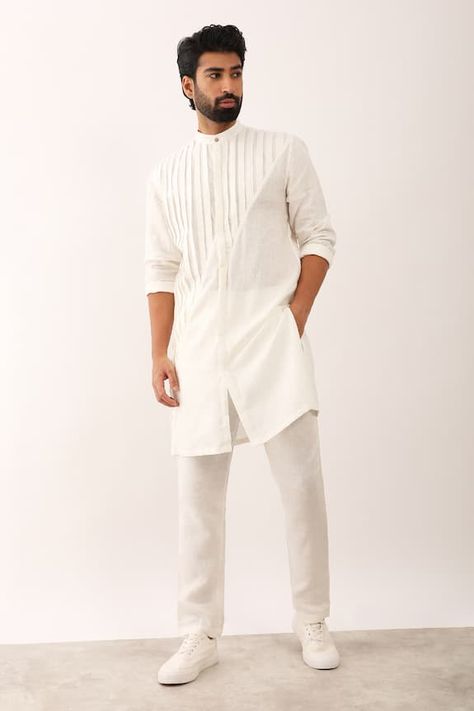 White solid kurta with asymmetric pleating texture detail. - Aza Fashions Diwali Kurta For Men, White Kurta Men, Kurta Men, Mens Kurta, White Kurta, Designer Suits For Men, Men Trousers, Straight Kurta, Mens Wear