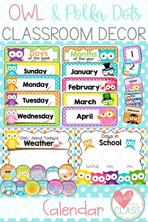 Owl Classroom Decor, Owl Preschool, Preschool Classroom Themes, Owl School, Preschool Calendar, Polka Dot Classroom, Preschool Weather, Owl Theme Classroom, Polka Dot Theme