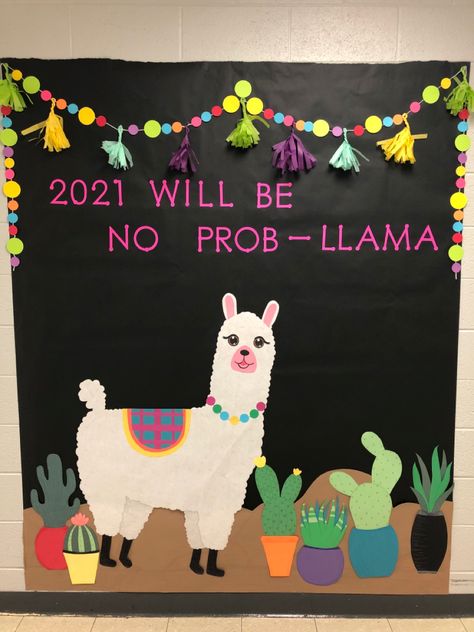 Peru Bulletin Board, Llama Door Decorations Classroom, Llama Bulletin Board Ideas, Cactus Bulletin Board Ideas, Spanish Bulletin Board Ideas, Christmas Bulletin Boards For School, Llama Classroom Theme, Llama Bulletin Board, Spring Bulletin Boards Preschool