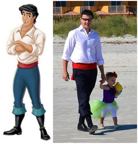 Prince Eric Collage Diy Prince Eric Costume, King Triton Costume Diy, Little Mermaid Family Costume, Eric Costume, Unusual Costumes, King Triton Costume, Prince Eric Costume, Sebastian Costume, Oogie Boogie Costume