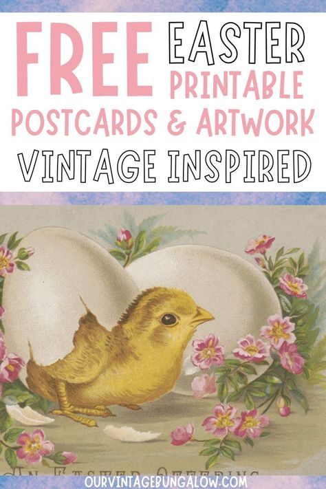 image of vintage easter postcard with a fluffy yellow chick and spring flowers text reads - free easter printable postcards and artwork vintage inspired Cheap Easter Decorations, Vintage Easter Printables, Easter Images Free, Printable Postcards, Easter Printable, Easter Printables Free, Easter Postcards, Easter Images, Vintage Farmhouse Decor