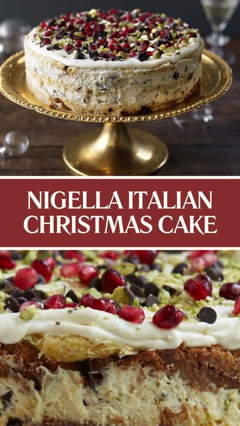 Nigella Italian Christmas Cake recipe is made with panettone, tuaca liqueur, eggs, sugar, mascarpone cheese, double cream, marsala, marrons glacés, chocolate chips, pistachios, and pomegranate seeds this recipe takes 30 minutes to prepare and serves 12 people. Pistachio Christmas Cake, Italian Christmas Desserts, Nigella Christmas, Italian Christmas Cake, Nigella Lawson Recipes, Christmas Cake Recipe, Xmas Recipes, Christmas Tables, Dickens Christmas