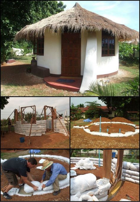 Round House Design, Sandbag House, Cob Building, Earth Bag Homes, Earth Bag, Hut House, Eco Buildings, Earthship Home, Mud House