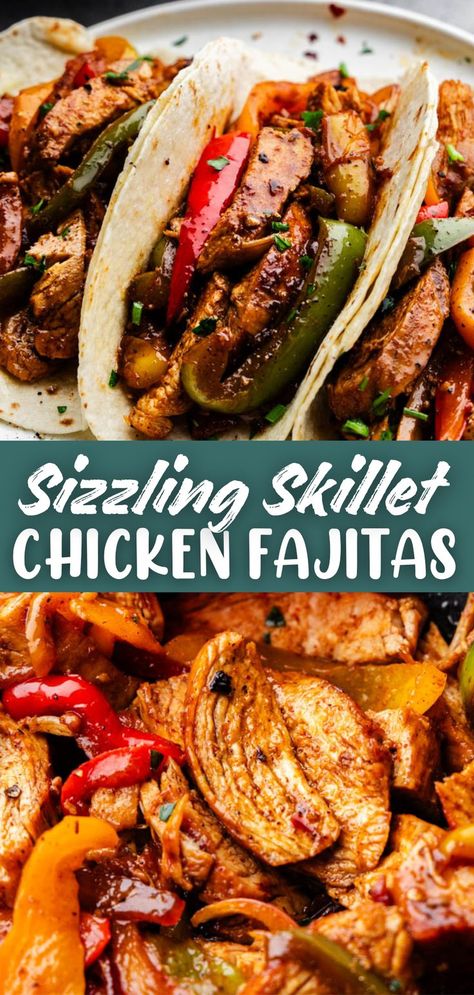 A top image of a plate with three flour tortillas filled with chicken fajitas, and a bottom image of a close up of the seasoned and cooked meat and veggies of chicken fajitas. Peskitarian Recipes, Skillet Chicken Fajitas, Sizzling Chicken, Grilled Chicken Fajitas, Fajita Spices, Easy Skillet Meals, Chicken Fajita Recipe, Pan Chicken Fajitas, One Skillet