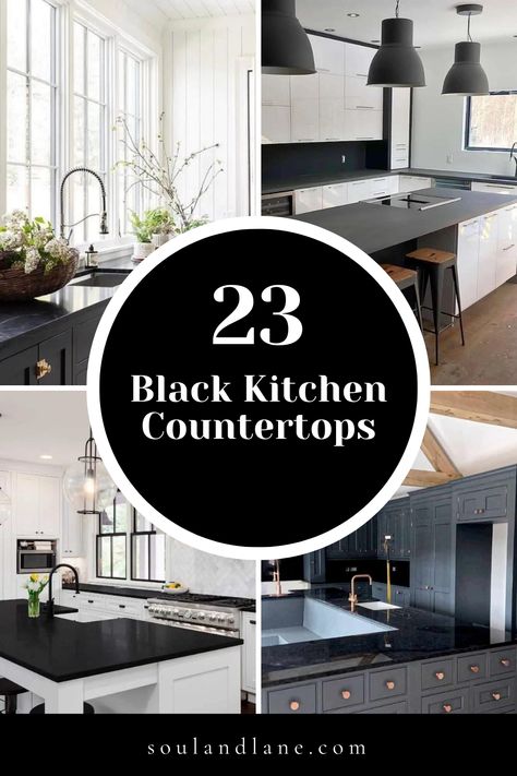 From sleek granite to luxurious marble, matte quartz, and beyond, learn how these dark countertops can serve as a dramatic contrast to lighter cabinetry or create a cohesive look with darker themes. Find out how to enhance their beauty with the right lighting, hardware, and accessories, making your kitchen not only a place for meal prep but also a stunning design statement in your home. Modern Black Countertops, Dark Stone Countertops Kitchen, Black Quartzite Kitchen Countertops, Black Kitchen Island Countertops, Modern Kitchen Dark Countertops, Kitchen With Dark Gray Cabinets, Matte Black Quartz Kitchen Countertops, Black And Gray Countertops, Kitchen Black Marble Countertops