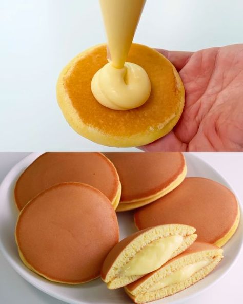 Dorayaki with Custard Cream Filling Custard Pancakes Recipe, Custard Cream Pancakes, Japanese Deserts Recipe, Custard Pancakes, Japanese Custard, Custard Cream Recipe, Dorayaki Recipe, Pancake Fillings, Amaretti Cookie Recipe