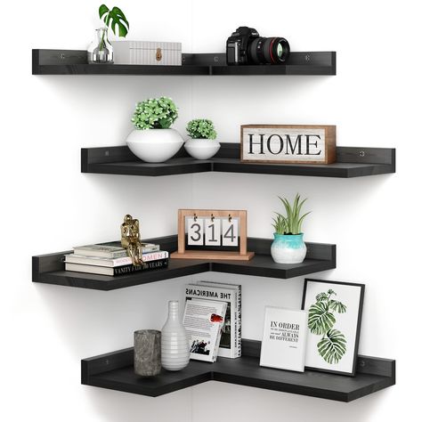 Black Ladder Shelf Decor Living Room, Black Corner Shelves, Living Room Wall Shelving, Wooden Wall Shelves Living Room, Corner Wall Shelves Living Room, Office Floating Shelves, Wooden Corner Shelves, Black Corner Shelf, Black Wall Shelf