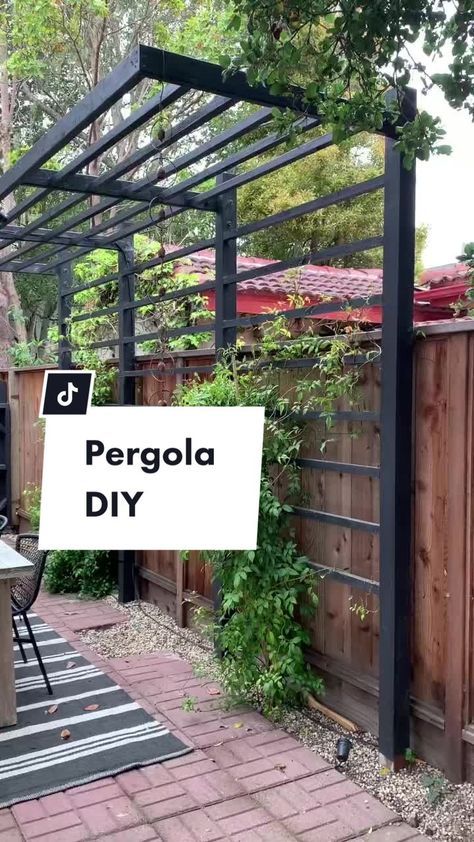 Garden Structures Pergola, Diy Cantilever Pergola, Cantaleavered Pergola, Pergola Over Grill, Diy Metal Pergola, Garden Shade Structure, Renter Friendly Pergola, Shade Structure For Garden, Planted Pergola