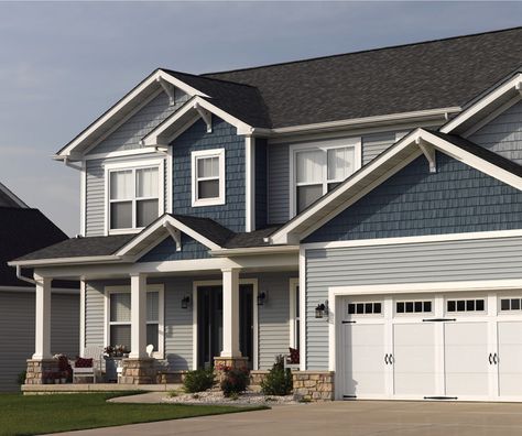 Bluish Grey House Exterior, Paint Siding, Grey Vinyl Siding, Vinyl Siding Colors, Blue Siding, Gray House Exterior, Exterior Inspiration, Colors Inspiration, Exterior House Color