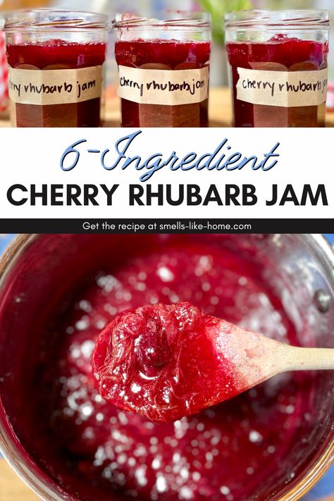 This homemade cherry rhubarb jam recipe will help you put those sad cherries to good use and introduce you to the amazing world of rhubarb! With just a few simple ingredients, you can make this delightful jam in under an hour. Say goodbye to store-bought jam and hello to the deliciousness of homemade preserves. Try this easy and quick recipe today and taste the difference that fresh, homemade jam can make! Cherry Rhubarb Recipes, Cherry Rhubarb Jam Recipe, Rhubarb Jam Recipes Canning, Cherry Rhubarb Jam, Cherry Rhubarb, Muscadine Jelly, Sour Cherry Jam, Homemade Preserves, Rhubarb Jam Recipes