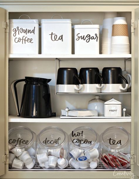 Use our hand lettered free printable pantry labels to create an organized coffee cabinet and pantry. #organize #labels #coffee #kitchen #printables #freeprintables Coffee Cabinet, Diy Coffee Bar, Tea Station, Kitchen Ikea, Organized Pantry, Interior Design Minimalist, Home Coffee Stations, Coffee Nook, Home Coffee Bar