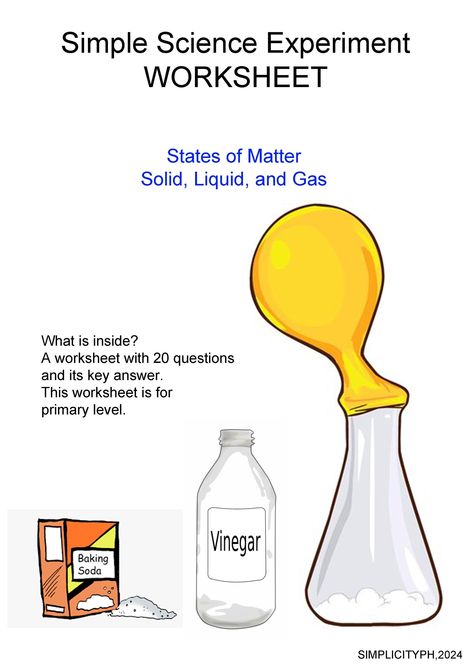 Fun & Educational Science Experiment Worksheet - Perfect for Kids! Make learning about the states of matter a blast with this engaging and hands-on "Balloon, Bottle, Baking Soda & Vinegar Experiment Worksheet!" Ideal for parents, teachers, and homeschoolers, this printable worksheet guides children through a simple yet exciting science experiment while teaching them the basics of solids, liquids, and gases. ✨ What's Inside: 10 multiple-choice questions 5 true/false questions Detailed, step-by-step instructions for the experiment Colorful, fun illustrations to captivate young learners Key Answer to the worksheet 🌟 Why You'll Love It: Perfect for science lessons, homeschool activities, or just fun at home! It helps kids develop critical thinking skills while learning chemistry concepts. Ins Science For Elementary Students, Quick Easy Science Experiments For Kids, 1st Grade Science Experiments, Science Experiment Worksheet, Matter Science Experiments, Balloon Bottle, Matter Experiments, Fun Experiments For Kids, Homeschool Science Experiments