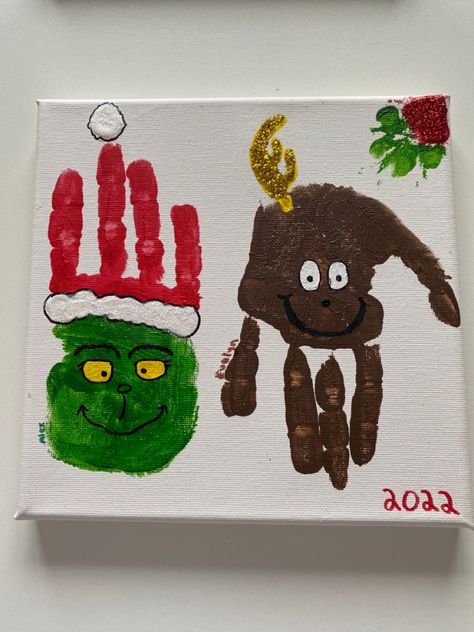 Grinch And Max Handprint, The Grinch Handprint, Christmas Canvas Handprint Art, Grinch Christmas Ornaments Kids, Grinch Handprint Craft For Kids, Grinch Themed Crafts For Toddlers, Christmas Handprint Painting, Grinch Hand Print Craft, Max From Grinch Ornament Diy