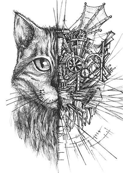 Half photograph of person then draw the mechanical structure of their insides Hybrid Drawing, Steampunk Art Drawing, Steampunk Drawing, Dibujos Dark, Steampunk Animals, Mechanical Animals, Steampunk Artwork, Steampunk Cat, Hybrid Art