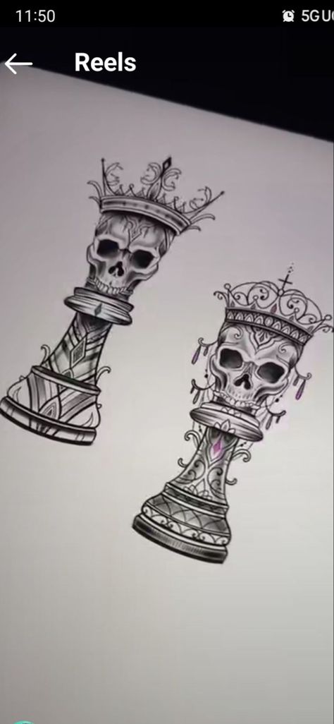 Matches Tattoo Couples, Chess Tattoo Sleeve, Matching Tattoos Couples Chess Pieces, Cards Matching Tattoos, Husband And Wife Skull Tattoos, Skull Chess Piece Tattoo, Queen Skull Tattoos For Women, Couple Sleeve Tattoo, King And Queen Chess Piece Tattoo Design