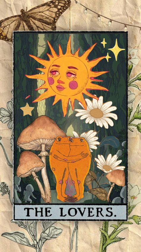 #tarot #tarotcards #frogs #aesthetic Lovers tarot in a cute psychedelic froggy version Cottagecore Tarot Cards, The Lovers Tarot Painting, The Lovers Aesthetic Tarot, Lovers Card Wallpaper, The Lovers Tarot Card Painting, Tarot Painting Ideas, Frog Tarot Card, Painted Tarot Cards, Aesthetic Tarot Cards Wallpaper