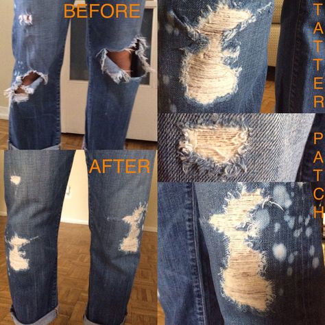 TATTER PATCH is the first-ever iron-on designer threaded inner-patch that repairs, revives, and restyles your favorite jeans for a distressed vintage look in under 5 minutes.  Get yours at www.Tatterpatch.com Outfits With Patched Jeans, Patch Knees In Jeans, Cute Patches For Jeans, Hole In Knee Jeans Repair, Distressed Jeans Patching, Ripped Jeans Patch Ideas, Ripped Jean Repair, Jean Rip Repair, Diy Holes In Jeans