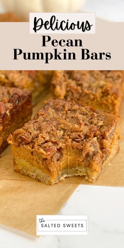 Pecan pumpkin bars have a brown sugar shortbread crust, topped with a pumpkin pie filling and then a pecan crumble. A delicious pumpkin pie meets pecan bar dessert. Pumpkin Praline Dessert, Pumpkin Bars Taste Of Home, Pecan Pumpkin Bars, Pumpkin Bar Desserts, Pumpkin Pecan Pie Bars, Pumpkin Pecan Bars Recipe, Pumpkin Pecan Bars, Pumpkin Cookie Bars, Pumpkin Shortbread