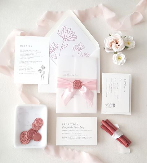 Pink Silk Ribbon, Ribbon Invitation, Blush Invitations, Wildflower Wedding Invitations, Botanical Wedding Invitations, Wedding Invitation Samples, White Wedding Invitations, Pink Wedding Invitations, Flower Wedding Invitation