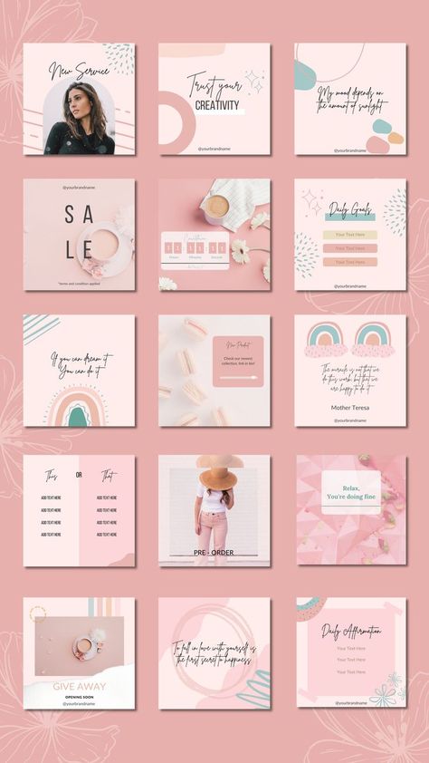 Editable Canva Templates, Instagram Post & Story templates which are perfect for bloggers, entrepreneurs, small business owners, creators, and individuals wanting to look professional on social media. Many vibes are available: pastel, minimal white, blush pink, nude, beige, quotes templates, ect. Pastel Pink Instagram Feed, Pastel Instagram Post Template, Location Instagram Post, Pastel Instagram Feed, Beige Quotes, Pink Branding, Best Instagram Posts, Instagram Grid Design, Instagram Design Layout