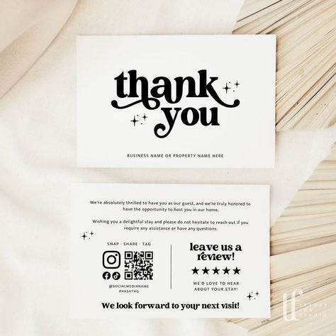 #affiliate Retro Airbnb Host Thank You Card Canva Template | Dani - 4 x 6 / White in 2024 | Thank you card design, Business thank you cards, Card design Rental Property Welcome Basket, Airbnb Host Thank You Card, Review Cards Business, Thank You Brand Cards, Thank You For Your Business Card, Canva Card Design, Thank You For Your Order Cards Ideas, Thank You Postcard Business, Leave A Review Card