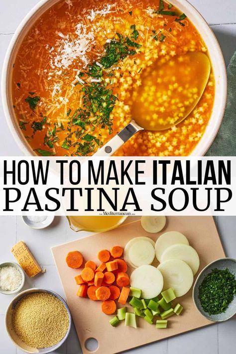 Pastina soup with chicken broth, celery, onion, carrot, and parmesan. Ready in 30-minutes! Make this easy soup recipe for a weeknight dinner. Soup With Chicken Broth, Italian Pastina Soup, Pastina Recipes, Chicken Barley Soup, Pastina Soup, Easy Soup Recipe, Soup With Chicken, Pasta Varieties, The Mediterranean Dish