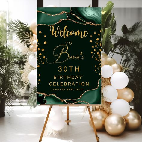 Editable Green AGATE Birthday Welcome Sign Template or PRINTABLE Welcome Poster AGATE is an editable, easy-to-personalize Template. You can Personalize your Editable PRINTABLE Birthday Party decor Welcome Sign in Canva, an easy-to-use editor that works in your web browser, There's even a free version. The Welcome Sign Decoration features a Black/Blue design with Blue Agate which would be a great way to welcome your guests to your events. Black Welcome Signage Would be perfect for any event such Green Gold And Black Birthday Party, Green Boho Party Decor, Black White And Green Birthday Party, Emerald Green Black And Gold Birthday, Emerald Green 50th Birthday Party, Black And Green Theme Party, Birthday Signage Ideas, Birthday Party Green Theme, Green And Black Party Decorations