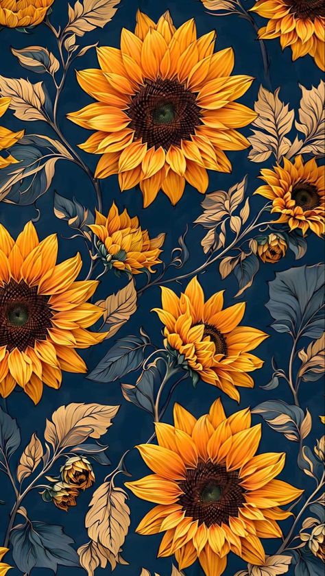 Sunflower Backgrounds Aesthetic, Fall Sunflower Aesthetic, Fall Sunflower Background, Dark Blue Yellow Aesthetic, Sunflower Screensaver, Autumn Flowers Illustration, Sunflower Art Aesthetic, Sunflower Wallpaper Backgrounds, Sunflower Pattern Wallpaper