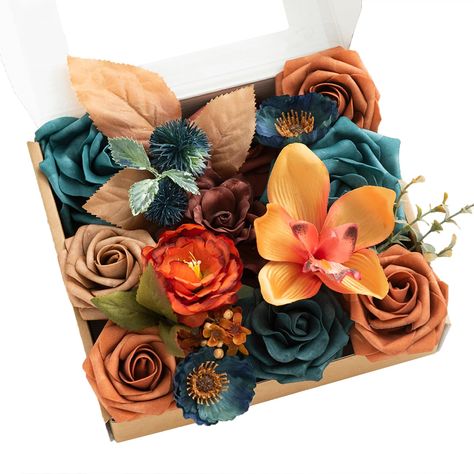 PRICES MAY VARY. 【Teal & Terracotta】Wander through the forest with Ling’s Dark Teal & Burnt Orange collection. 【Material & Package】Including 15 pcs artificial flowers+ 3 pcs greenery & Accessories .Silk Flowers: Teal Green Poppy x2, Mandarin Cymbidium x1, Burnt Orange Peony x1, Orange Wintersweet x2; Foam Flowers: 3" Amber Rose x1, 3" Golden Glove Rose x1, 3" Burnt Orange Rose x3, Teal Green Avalanche Rose x2, Hazelnut Gardenia x1, Peacock Green Avalanche Rose x1; Greenery & Accessories: Superno Avalanche Rose, Orange Peony, Garden Bridal Showers, Burnt Orange Weddings, Austin Rose, Unique Bouquet, Fall Wedding Centerpieces, Golden Leaf, Sample Box