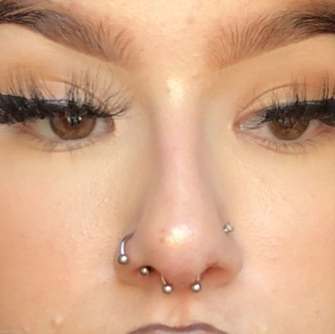 Both Sides Of Nose Pierced And Septum, Septum In Nostril, Septum Piercing Long Nose, 2 Nose Piercings On Each Side And Septum, Nose Peicerings Septum, Double Nose Piercing Different Sides With Septum, Nose Piercing Both Sides And Septum, Nose Piercing Septum And Side, Septum Und Nostril